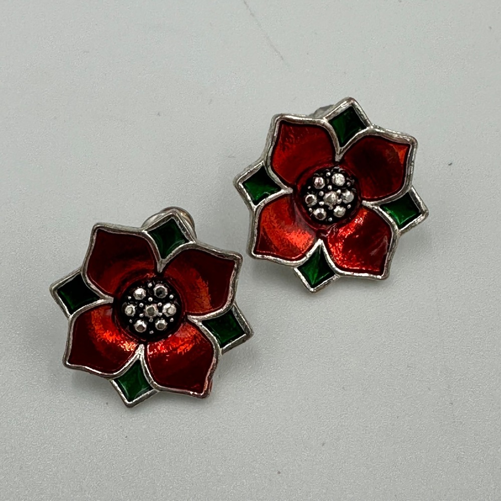 VTG Kenneth Cole Poinsettia Enamel post Earrings Red Green Signed KC Christmas - Picture 5 of 6
